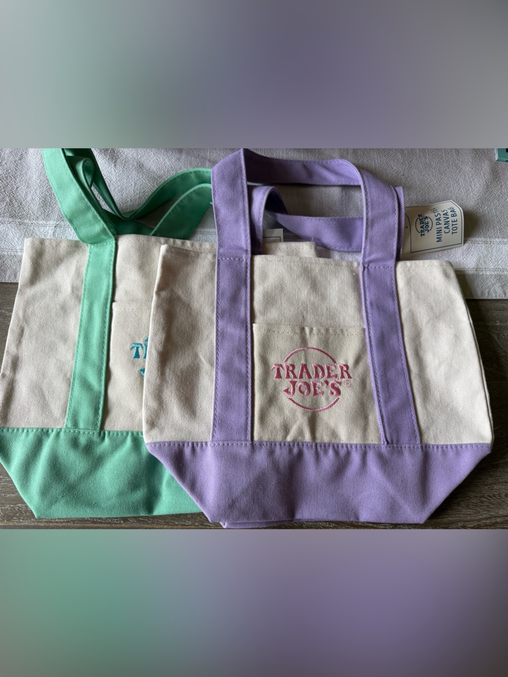 Trader Joe’s Lot of 2 Pastel Mini  Canvas Totes, Bags